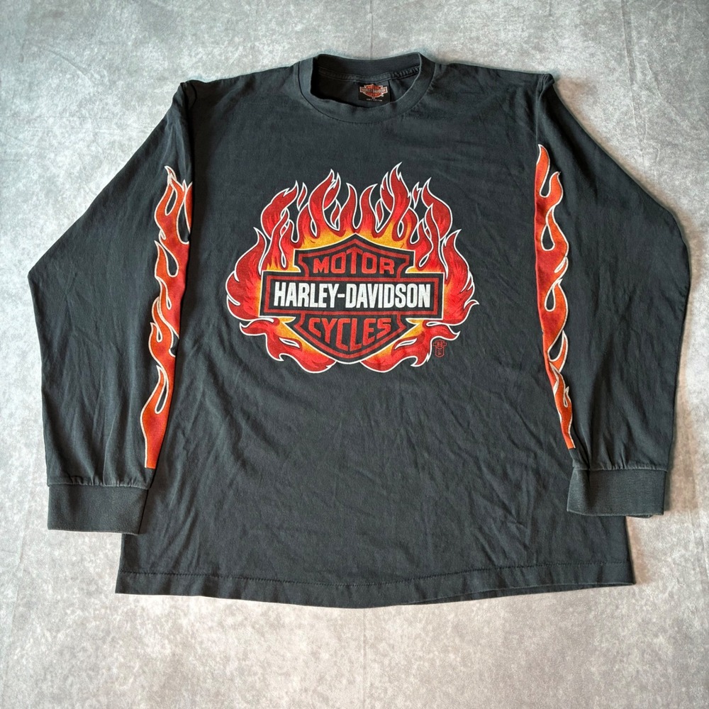 Harley Davidson Long Sleeve Flame Graphic T-Shirt Black XL Modern Reprint
